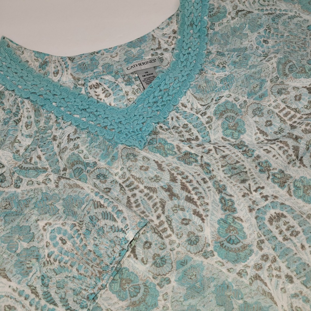 Catherines‎ Paisley Crochet V-Neck Blouse Women 1X Teal Grey Excellent Boho Top